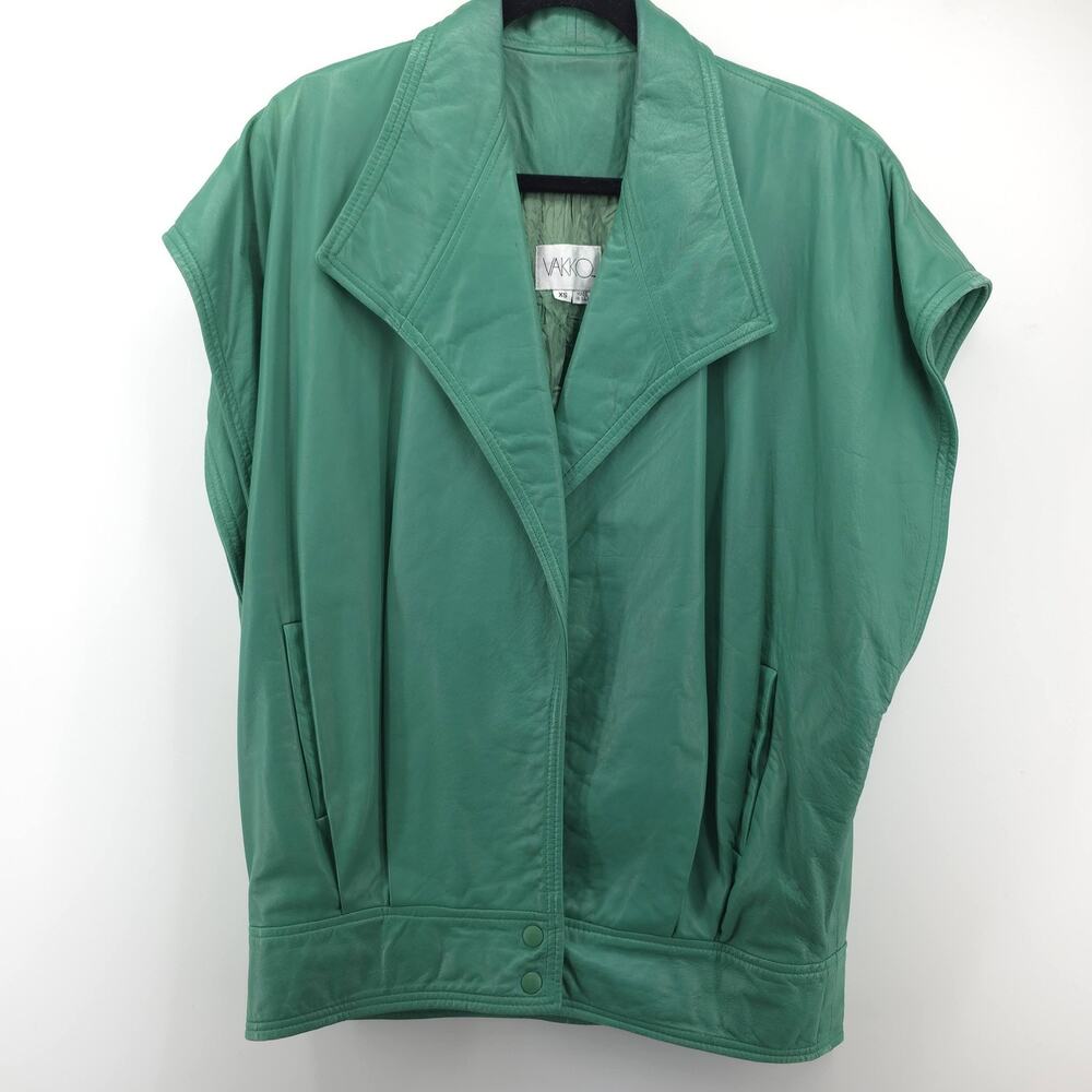 Vakko Leather Jacket Womens XS Green Sleeveless 80s Moto Made USA Vintage